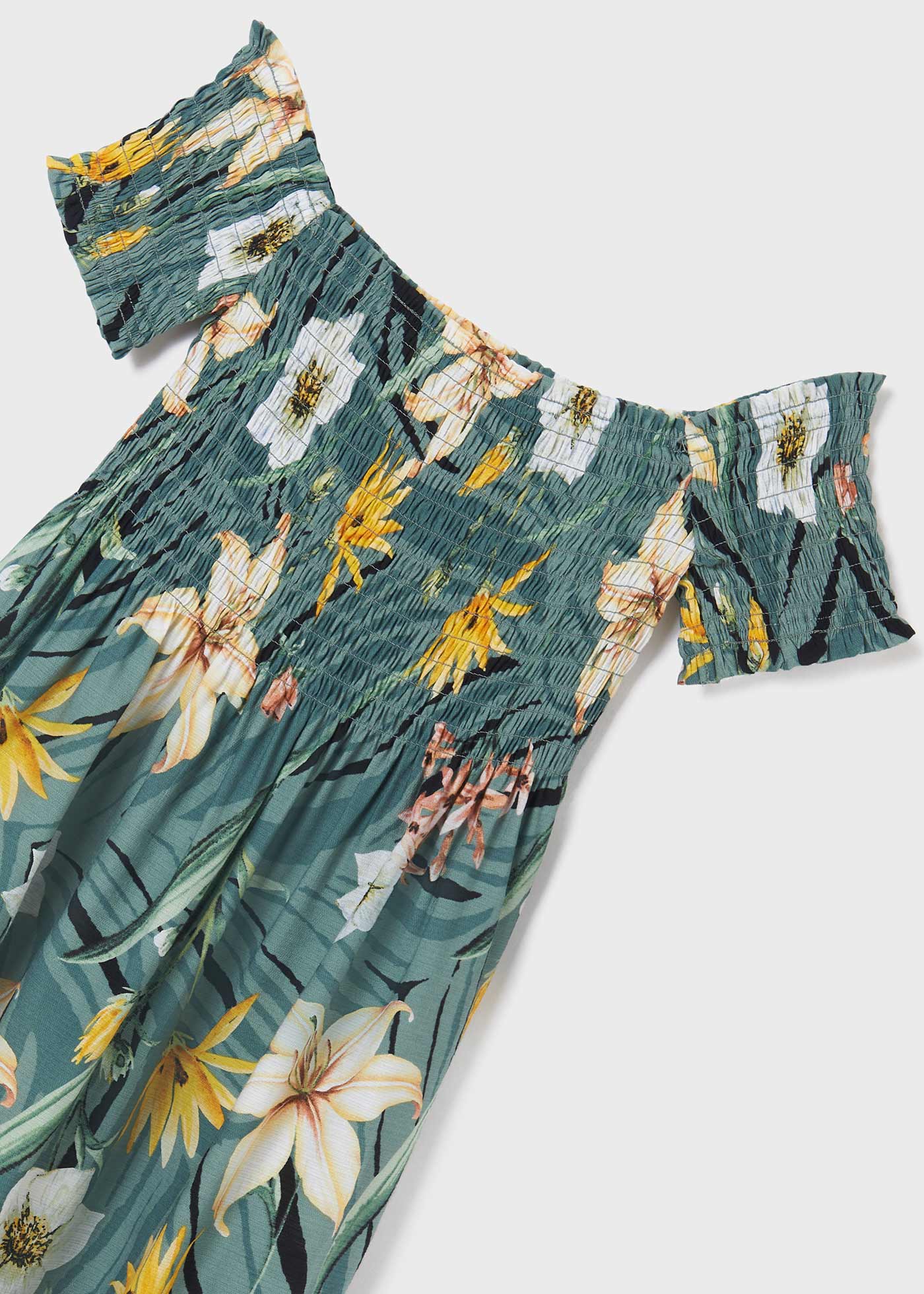 Vestido com padrão tropical com scrunchie - Jotitas Boutique